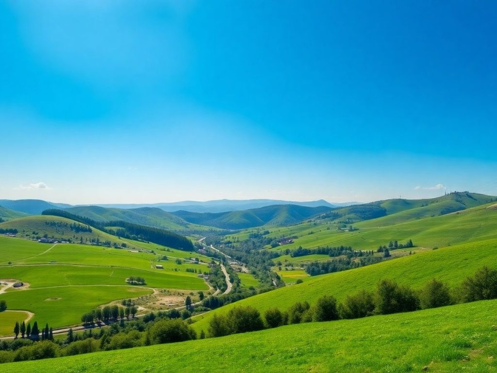 Peisaj natural din România, dealuri verzi și cer albastru.