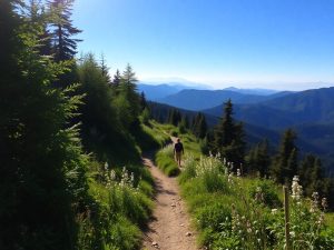 Traseu montan cu natura verde și flori sălbatice.