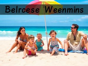 Familie fericită pe plajă, bucurându-se de vacanță.