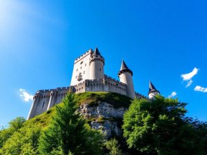 Castel medieval impunător, cer senin