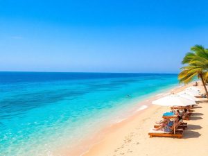 Persoane bucurându-se de o plajă însorită.