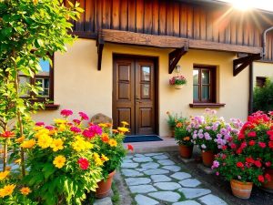 Pensiune tradițională românească cu grădină înflorită.