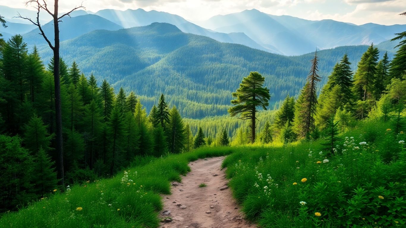 Traseu montan prin pădure cu flori și munți.