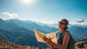 Hiker cu harta, avion mic și munți.
