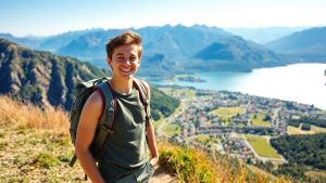 Călător tânăr pe deal, privind peisaj montan superb.