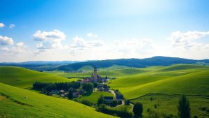 Peisaj rural românesc pitoresc, cu dealuri verzi și case tradiționale.